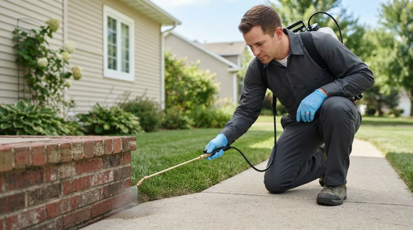 Pest control technician treating a home near Buda, IL
