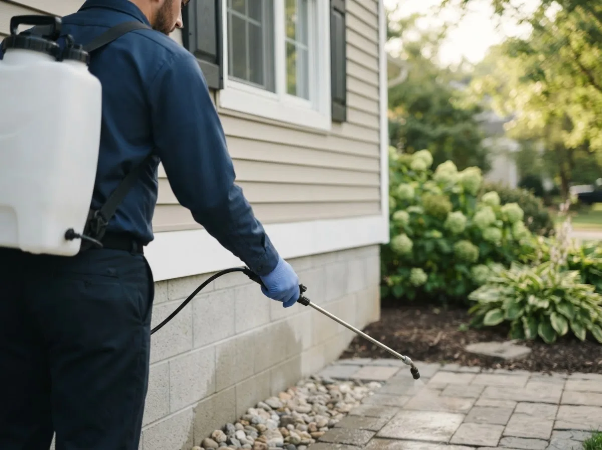 Pest control technician inspecting a home in Buda, IL